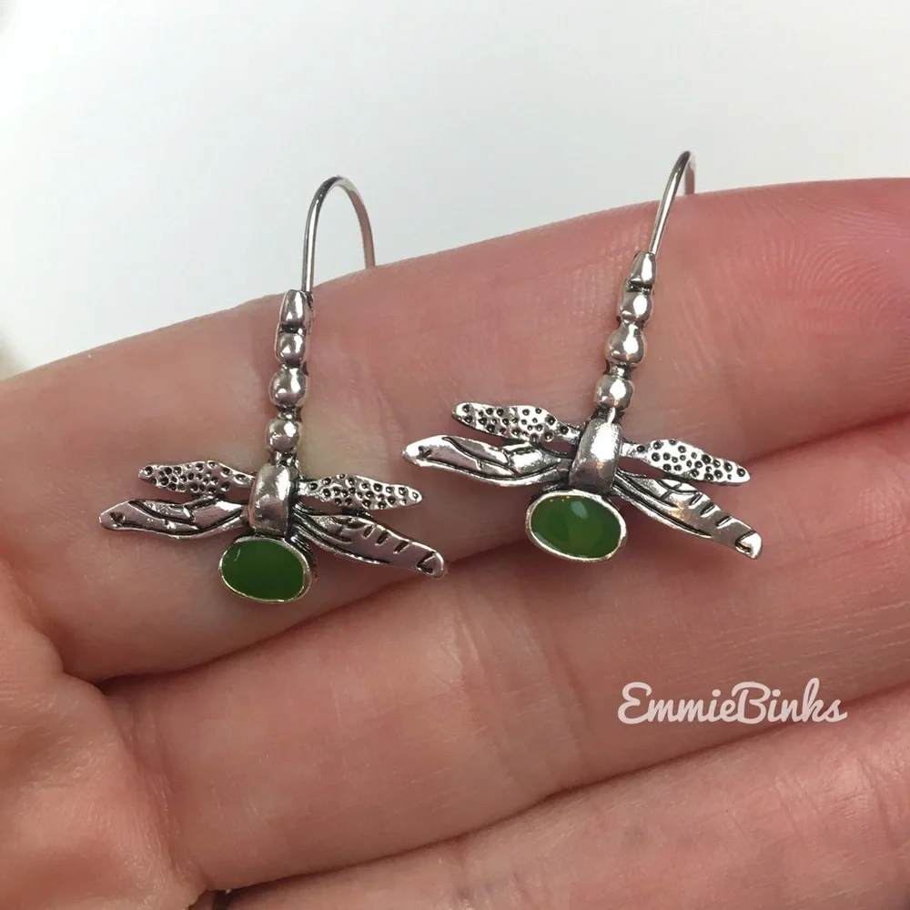 ✨3/$38  New Antique Silver & Green Dragonfly Drop Dangle Earrings - Free People - Picture 6 of 10